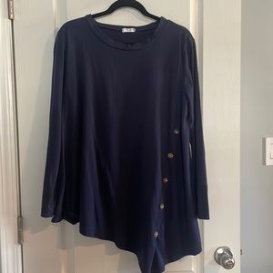 Sweetnight XL Navy Women's Scoop Neck Long Sleeve Asymmetrical Button Trim Tunic